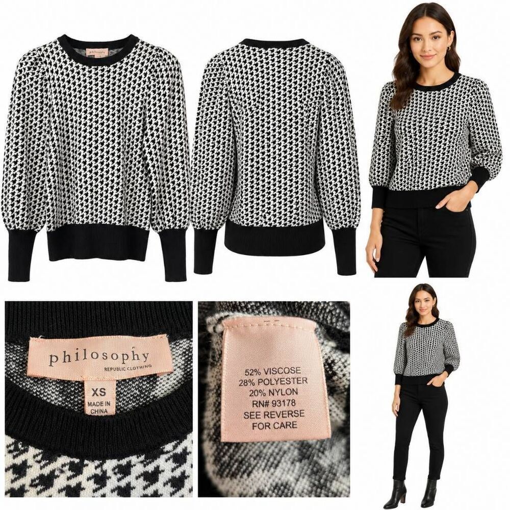 Philosophy Houndstooth Knit Sweater XS Puff Sleeve Crop